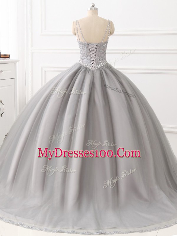 Affordable Floor Length Grey Sweet 16 Dresses Straps Sleeveless Lace Up