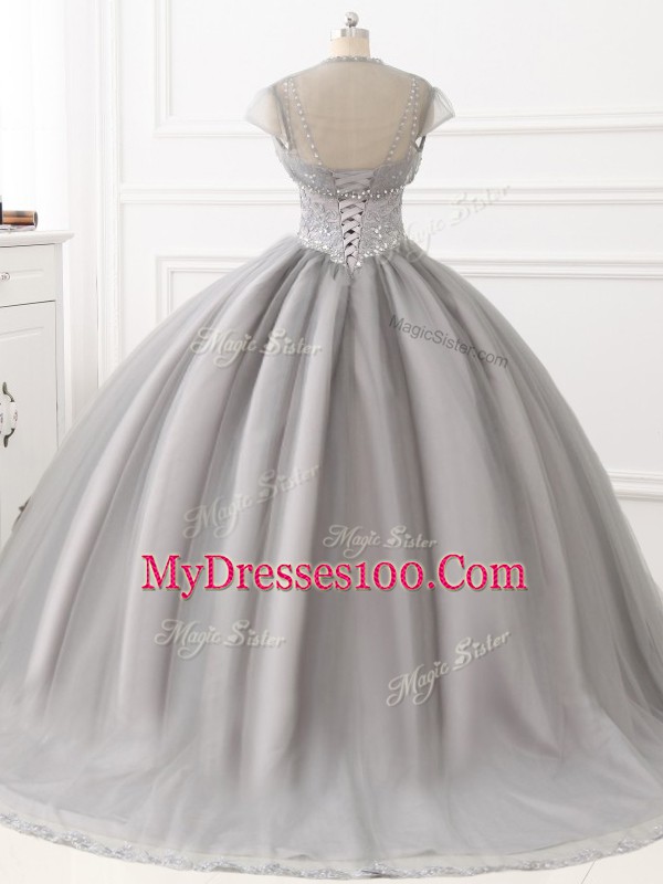 Affordable Floor Length Grey Sweet 16 Dresses Straps Sleeveless Lace Up