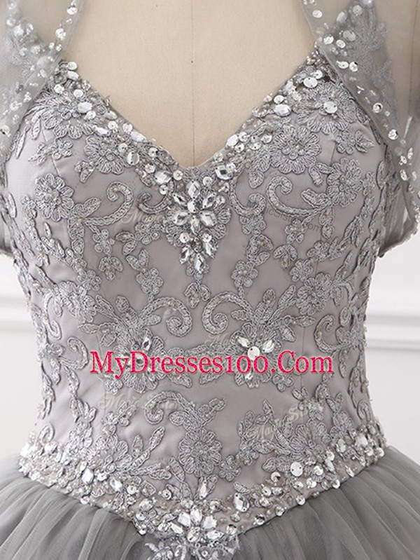 Affordable Floor Length Grey Sweet 16 Dresses Straps Sleeveless Lace Up