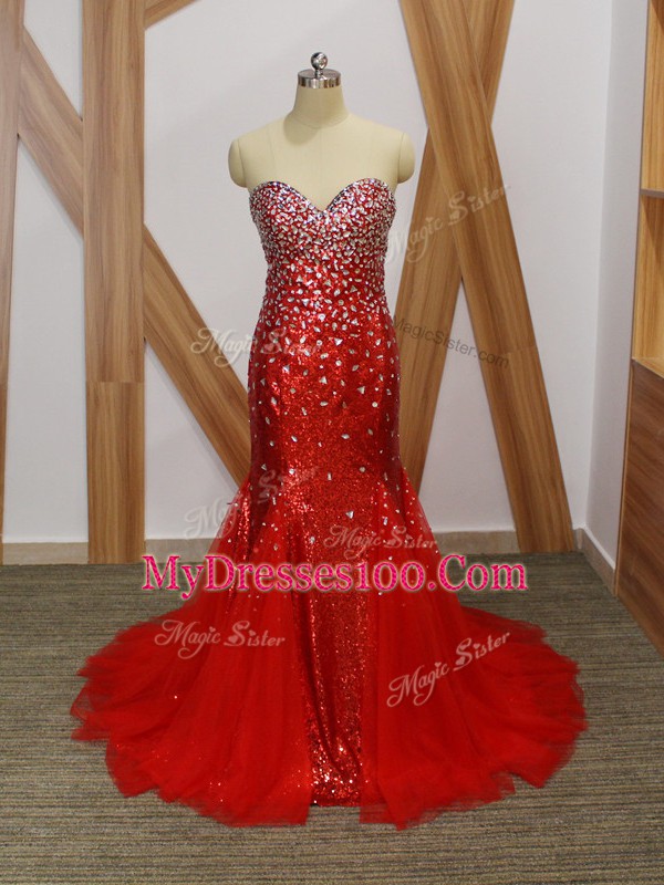 Red Zipper Sweetheart Beading Party Dress Wholesale Tulle Sleeveless