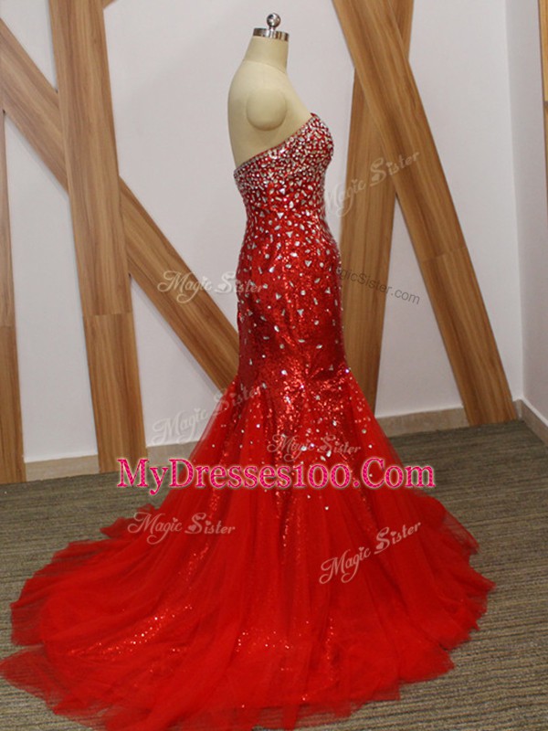 Red Zipper Sweetheart Beading Party Dress Wholesale Tulle Sleeveless