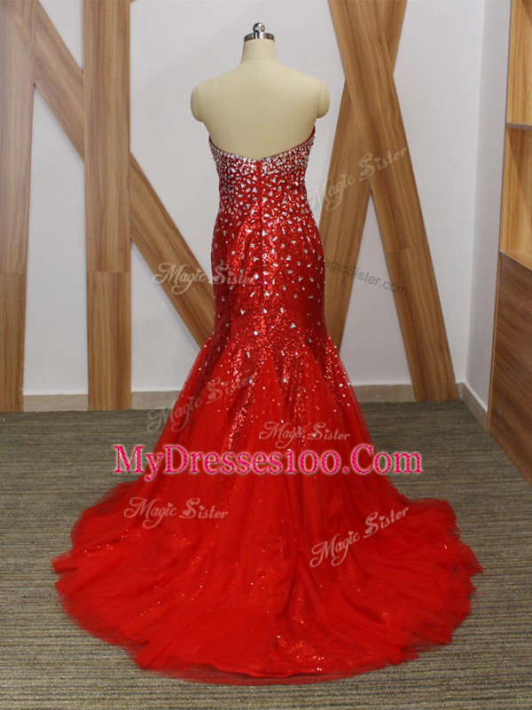 Red Zipper Sweetheart Beading Party Dress Wholesale Tulle Sleeveless