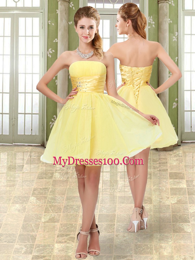 Modest Yellow A-line Organza Strapless Sleeveless Beading and Ruching Mini Length Lace Up Prom Dress