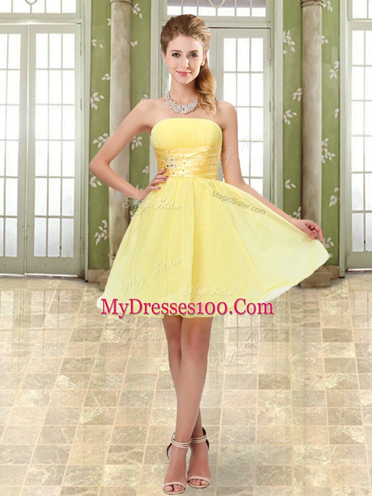 Modest Yellow A-line Organza Strapless Sleeveless Beading and Ruching Mini Length Lace Up Prom Dress