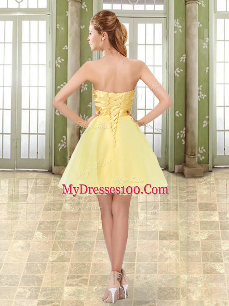 Modest Yellow A-line Organza Strapless Sleeveless Beading and Ruching Mini Length Lace Up Prom Dress