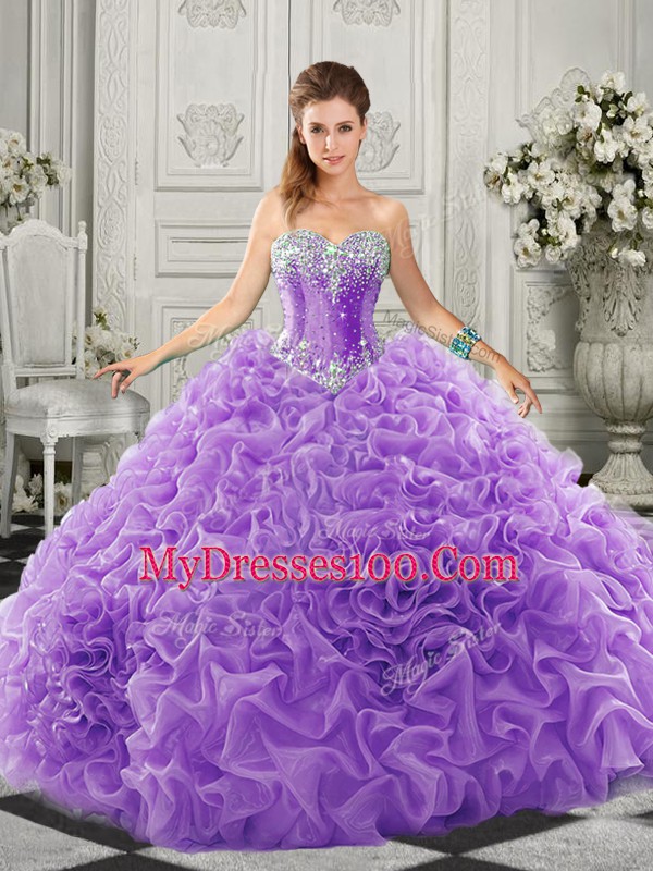 Lavender Organza Lace Up Sweetheart Sleeveless Sweet 16 Dresses Court Train Beading and Ruffles
