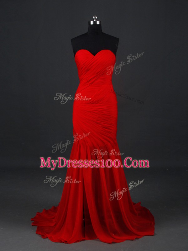 Mermaid Sleeveless Red Prom Evening Gown Brush Train Side Zipper
