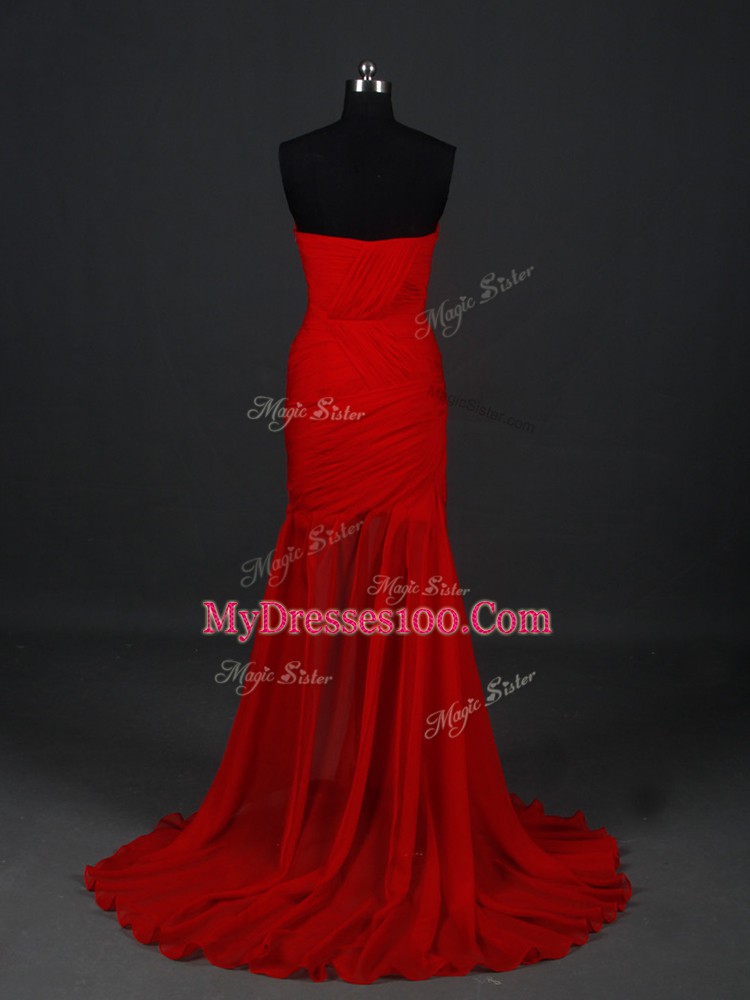 Mermaid Sleeveless Red Prom Evening Gown Brush Train Side Zipper