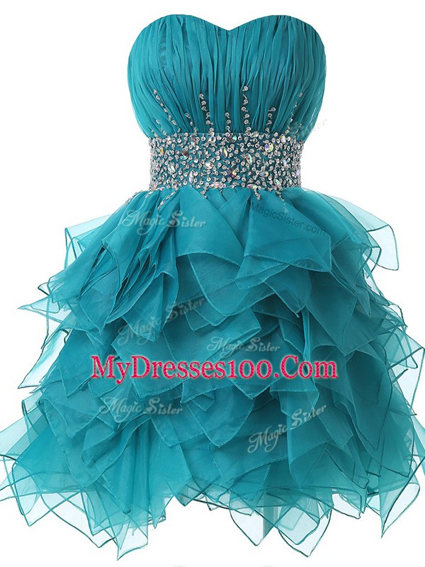 Sweet Sleeveless Organza Lace Up Cocktail Dresses in Teal with Beading and Ruffles and Ruching