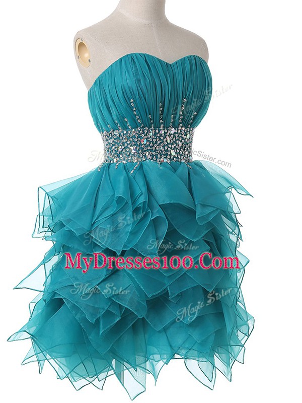 Sweet Sleeveless Organza Lace Up Cocktail Dresses in Teal with Beading and Ruffles and Ruching