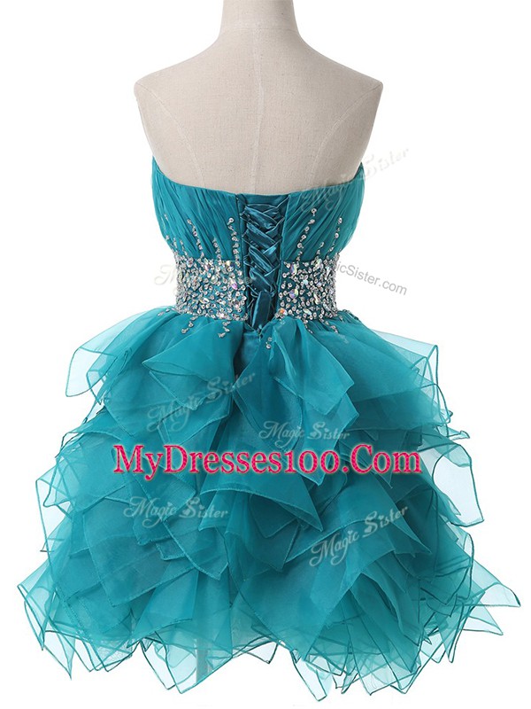 Sweet Sleeveless Organza Lace Up Cocktail Dresses in Teal with Beading and Ruffles and Ruching