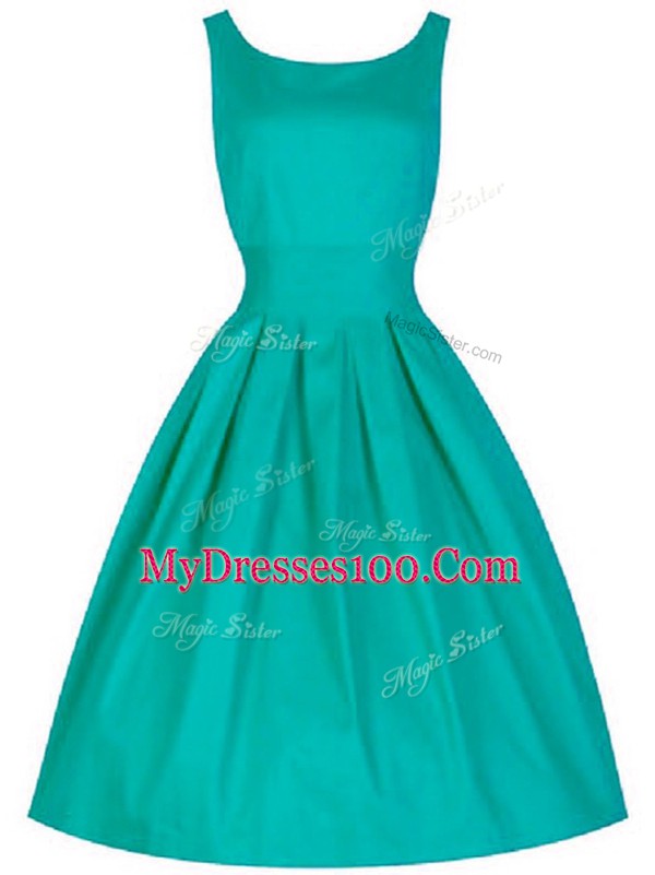 Turquoise A-line Scoop Sleeveless Taffeta Knee Length Lace Up Ruching Bridesmaid Gown
