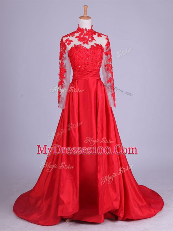 Red A-line Lace and Appliques Mother Of The Bride Dress Zipper Taffeta Long Sleeves