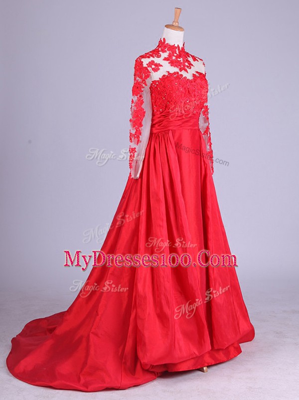 Red A-line Lace and Appliques Mother Of The Bride Dress Zipper Taffeta Long Sleeves
