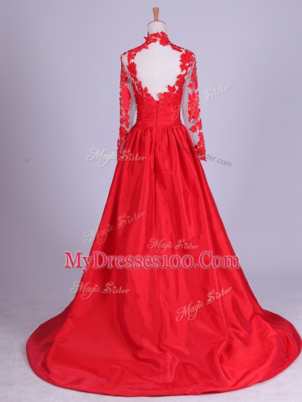Red A-line Lace and Appliques Mother Of The Bride Dress Zipper Taffeta Long Sleeves