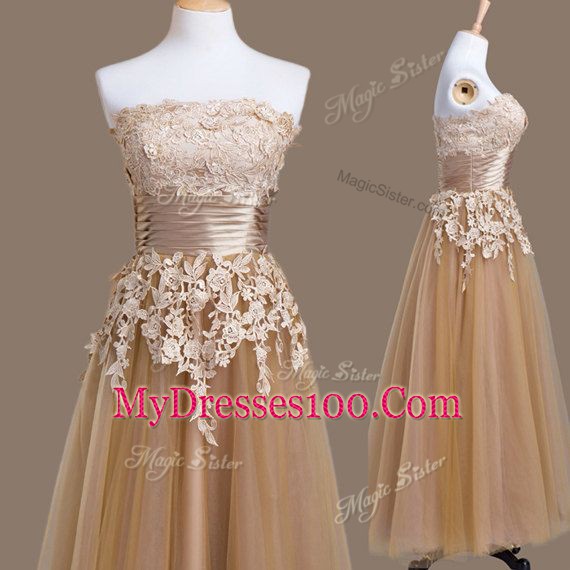 Super Brown Lace Up Strapless Appliques Wedding Guest Dresses Tulle Sleeveless