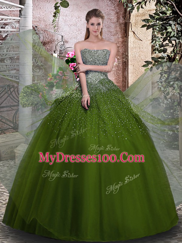 Olive Green Ball Gowns Beading 15th Birthday Dress Lace Up Tulle Sleeveless Floor Length