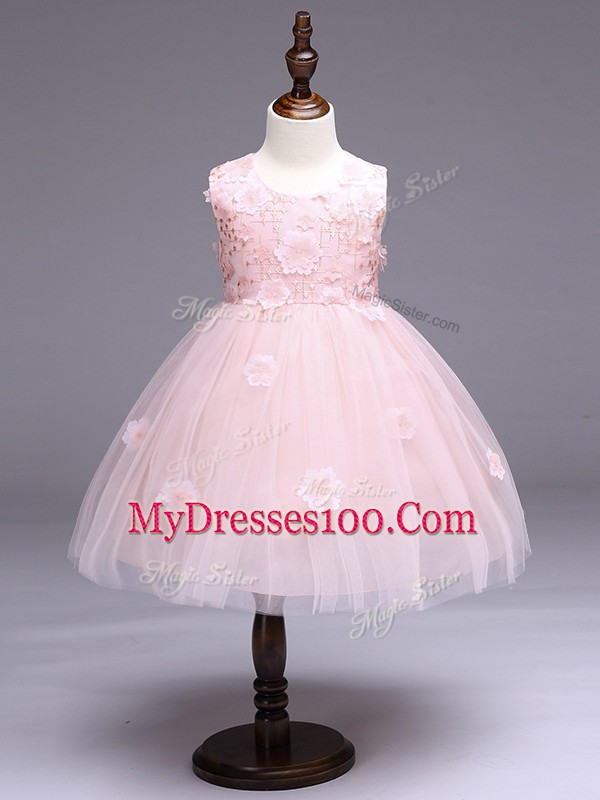 Dazzling Baby Pink Ball Gowns Tulle Scoop Sleeveless Appliques and Bowknot Knee Length Zipper Girls Pageant Dresses