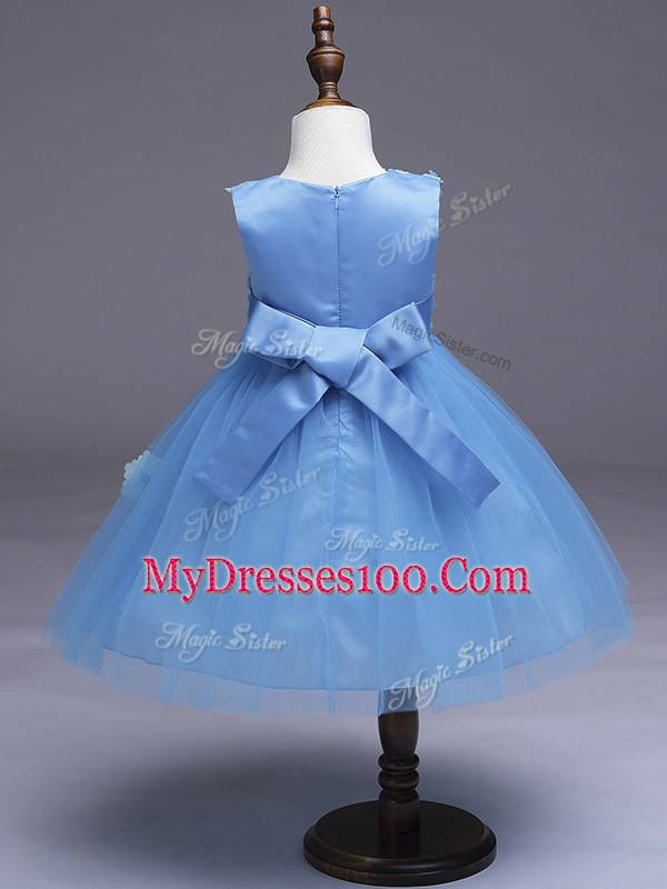 Dazzling Baby Pink Ball Gowns Tulle Scoop Sleeveless Appliques and Bowknot Knee Length Zipper Girls Pageant Dresses