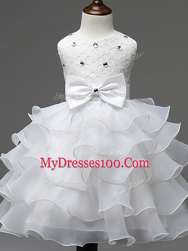 White Sleeveless Lace and Ruffled Layers and Bowknot Knee Length Little Girl Pageant Gowns