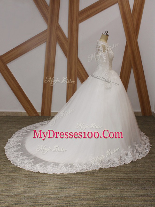 Flare White Zipper Scalloped Beading and Appliques Wedding Dresses Tulle Sleeveless Court Train