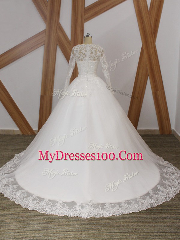Flare White Zipper Scalloped Beading and Appliques Wedding Dresses Tulle Sleeveless Court Train