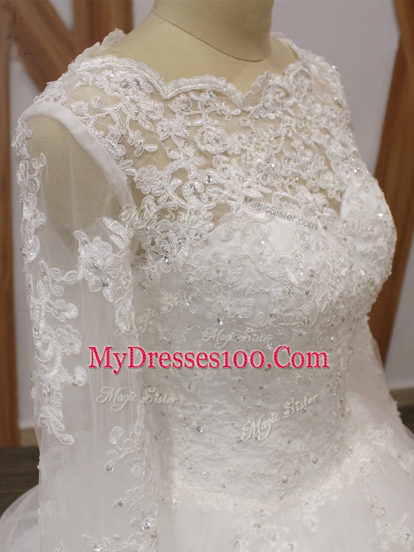 Flare White Zipper Scalloped Beading and Appliques Wedding Dresses Tulle Sleeveless Court Train