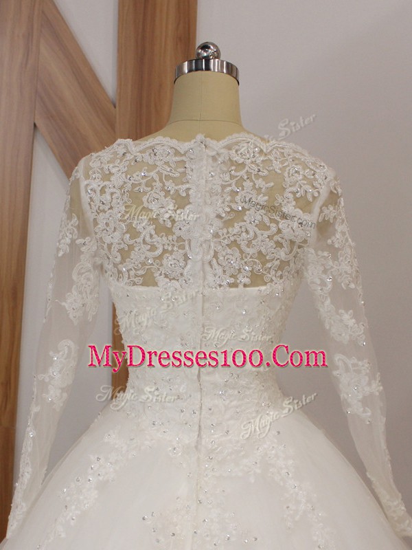 Flare White Zipper Scalloped Beading and Appliques Wedding Dresses Tulle Sleeveless Court Train