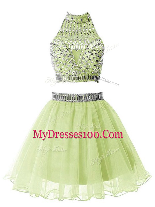 Customized Knee Length Yellow Green Wedding Guest Dresses High-neck Sleeveless Zipper