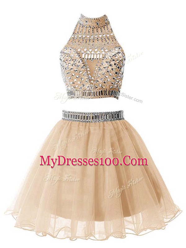 Knee Length Champagne Court Dresses for Sweet 16 Organza Sleeveless Beading