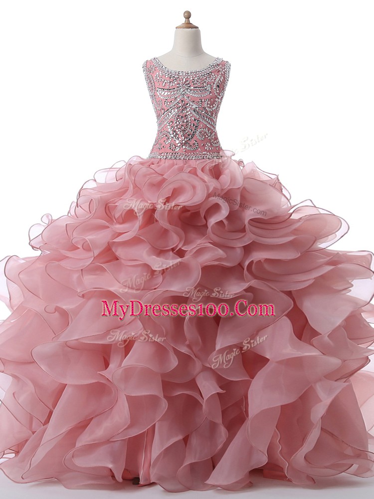Sleeveless Floor Length Beading and Ruffles Zipper Quinceanera Dresses with Pink