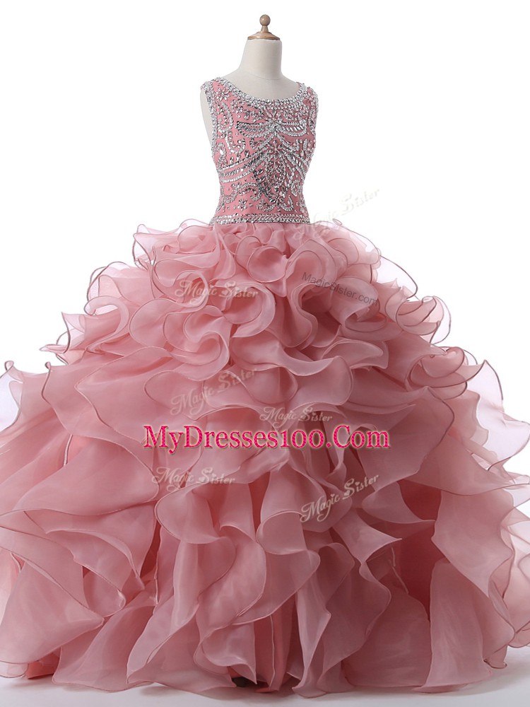 Sleeveless Floor Length Beading and Ruffles Zipper Quinceanera Dresses with Pink