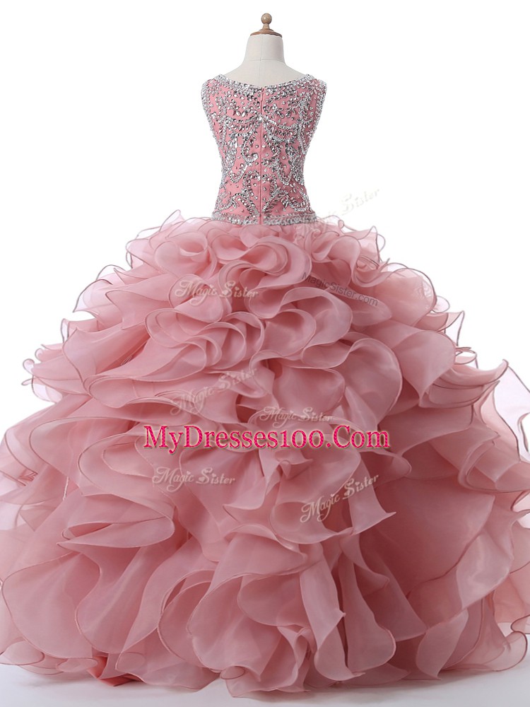 Sleeveless Floor Length Beading and Ruffles Zipper Quinceanera Dresses with Pink
