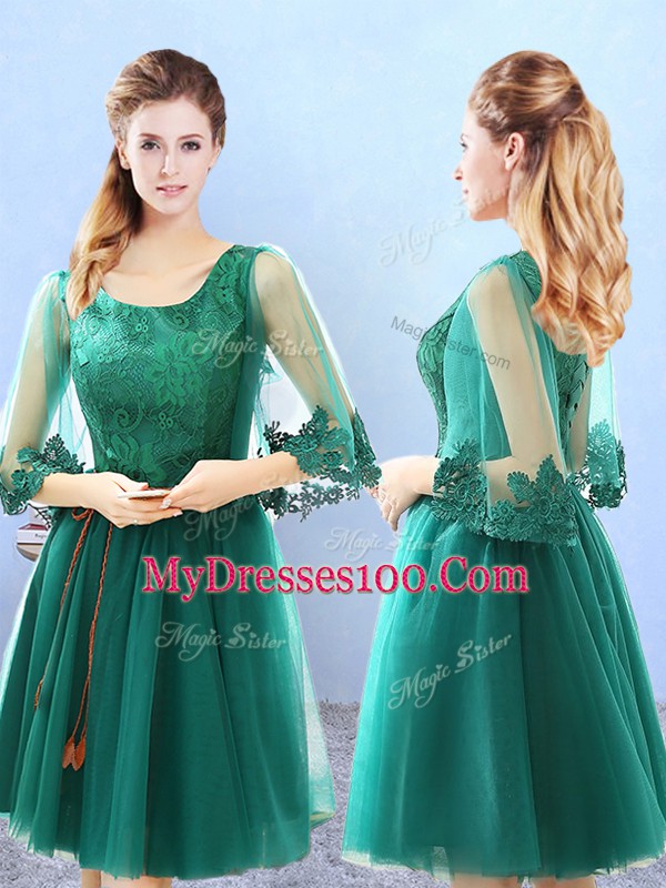 Best Knee Length Lace Up Bridesmaids Dress Green for Prom and Party with Lace and Appliques