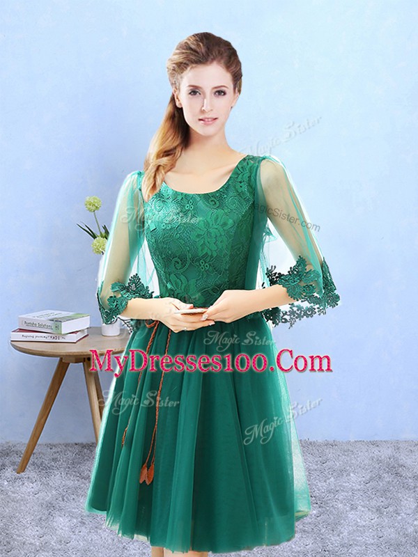 Best Knee Length Lace Up Bridesmaids Dress Green for Prom and Party with Lace and Appliques