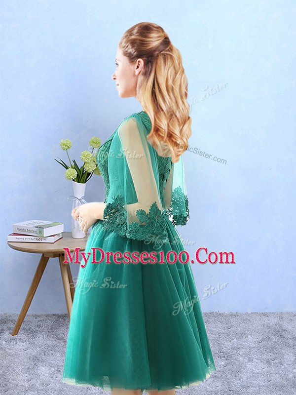 Best Knee Length Lace Up Bridesmaids Dress Green for Prom and Party with Lace and Appliques