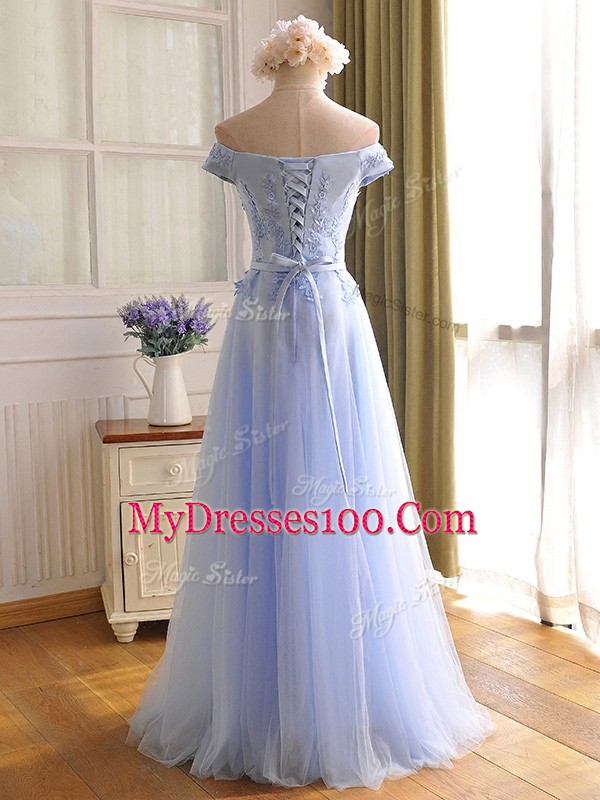 Modest Sleeveless Lace Up Floor Length Appliques Prom Party Dress