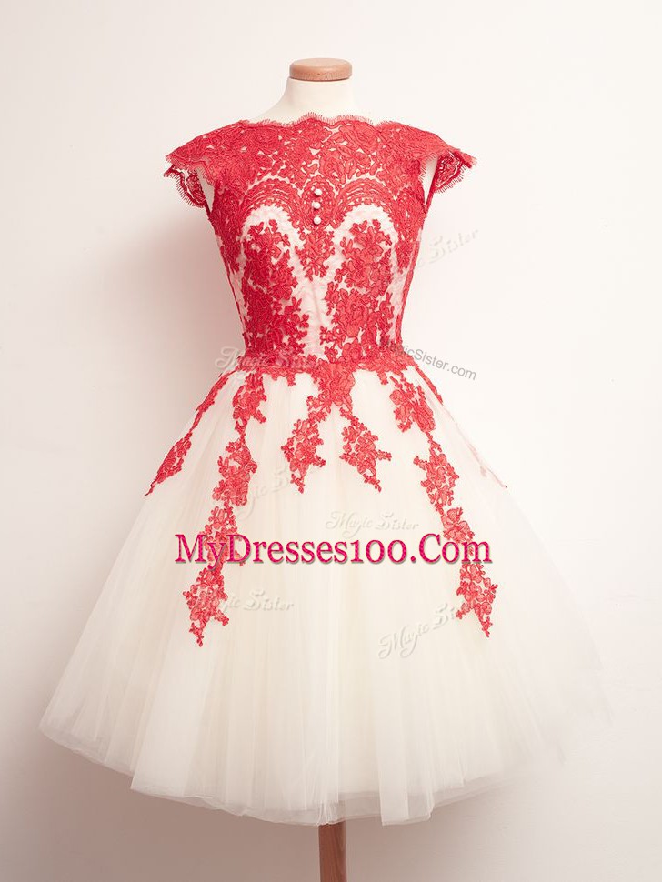 White And Red Dama Dress Prom and Party and Wedding Party with Appliques Scalloped Sleeveless Lace Up