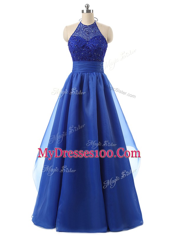 Decent Blue Organza Zipper Homecoming Dress Sleeveless Floor Length Beading and Ruffles