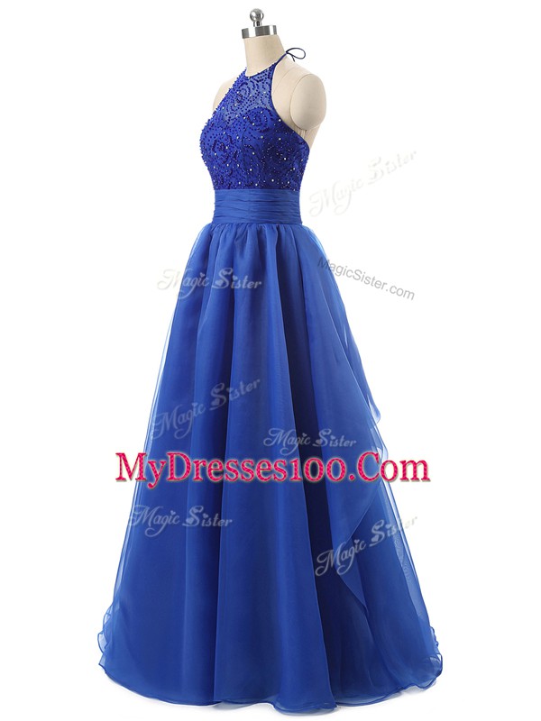 Decent Blue Organza Zipper Homecoming Dress Sleeveless Floor Length Beading and Ruffles