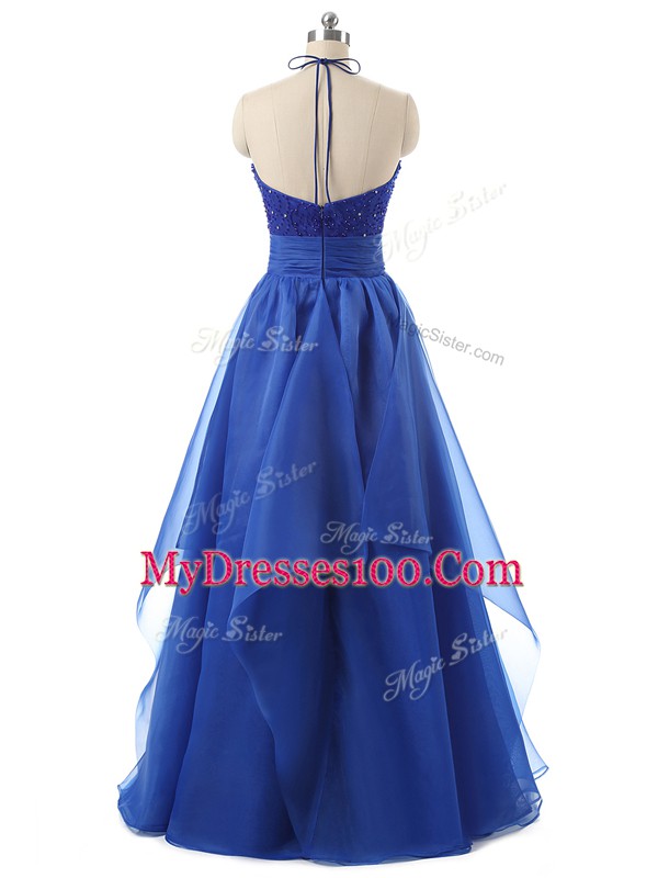 Decent Blue Organza Zipper Homecoming Dress Sleeveless Floor Length Beading and Ruffles