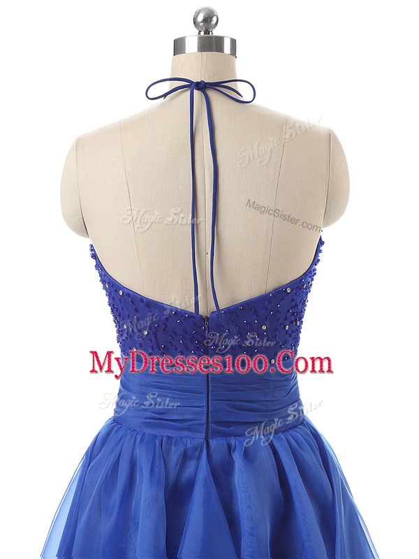 Decent Blue Organza Zipper Homecoming Dress Sleeveless Floor Length Beading and Ruffles
