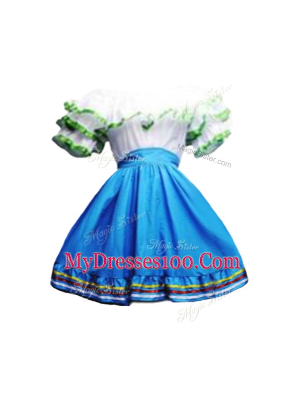 Beauteous Scoop Short Sleeves Mini Length Ruffles Blue And White Taffeta
