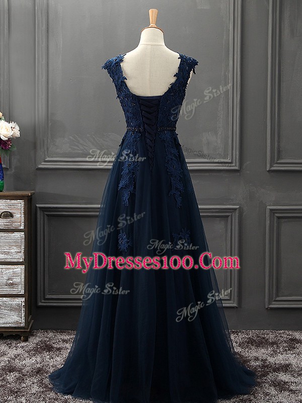 Navy Blue Lace Up Mother Of The Bride Dress Beading and Lace and Appliques Sleeveless Mini Length