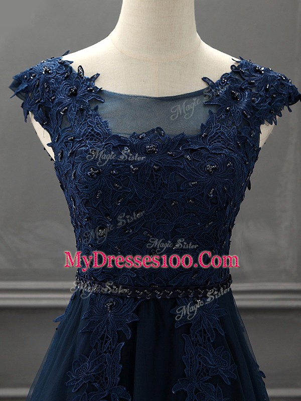Navy Blue Lace Up Mother Of The Bride Dress Beading and Lace and Appliques Sleeveless Mini Length