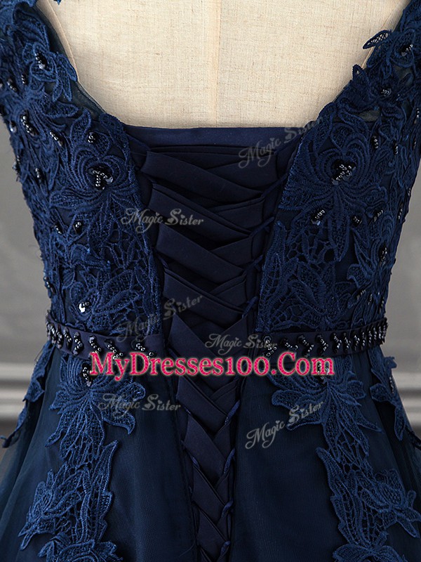Navy Blue Lace Up Mother Of The Bride Dress Beading and Lace and Appliques Sleeveless Mini Length