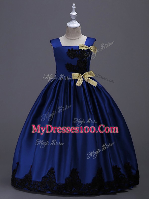 Charming Taffeta Sleeveless Floor Length Flower Girl Dresses and Appliques and Bowknot