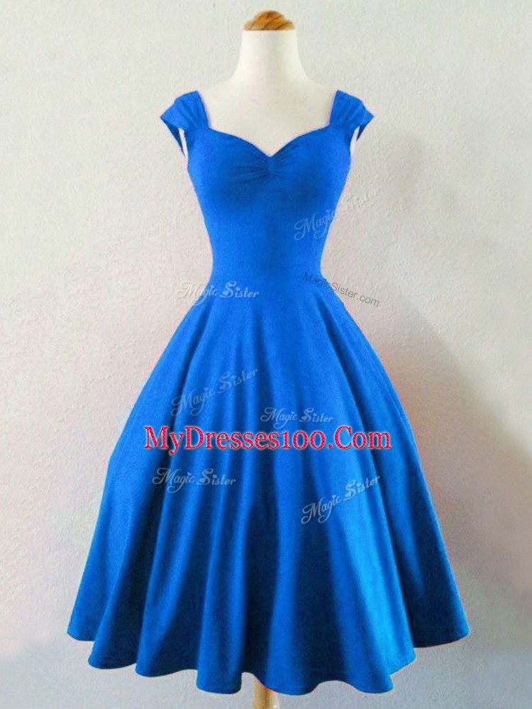 Super Blue Lace Up Dama Dress for Quinceanera Ruching Sleeveless Knee Length