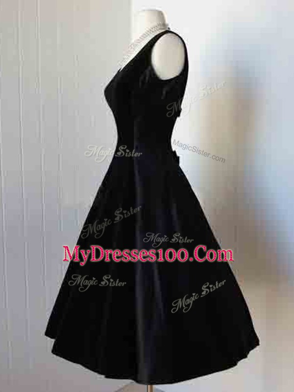Black Taffeta Zipper Prom Dress Sleeveless Knee Length Bowknot