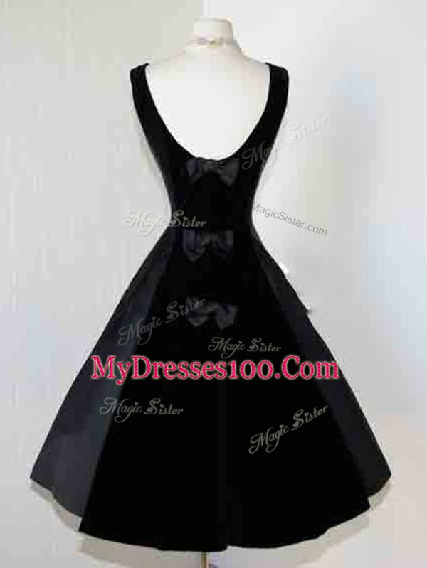 Black Taffeta Zipper Prom Dress Sleeveless Knee Length Bowknot